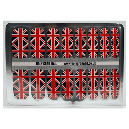 Nail wraps in Union Jack flag print, red, white and navy on glossy finish