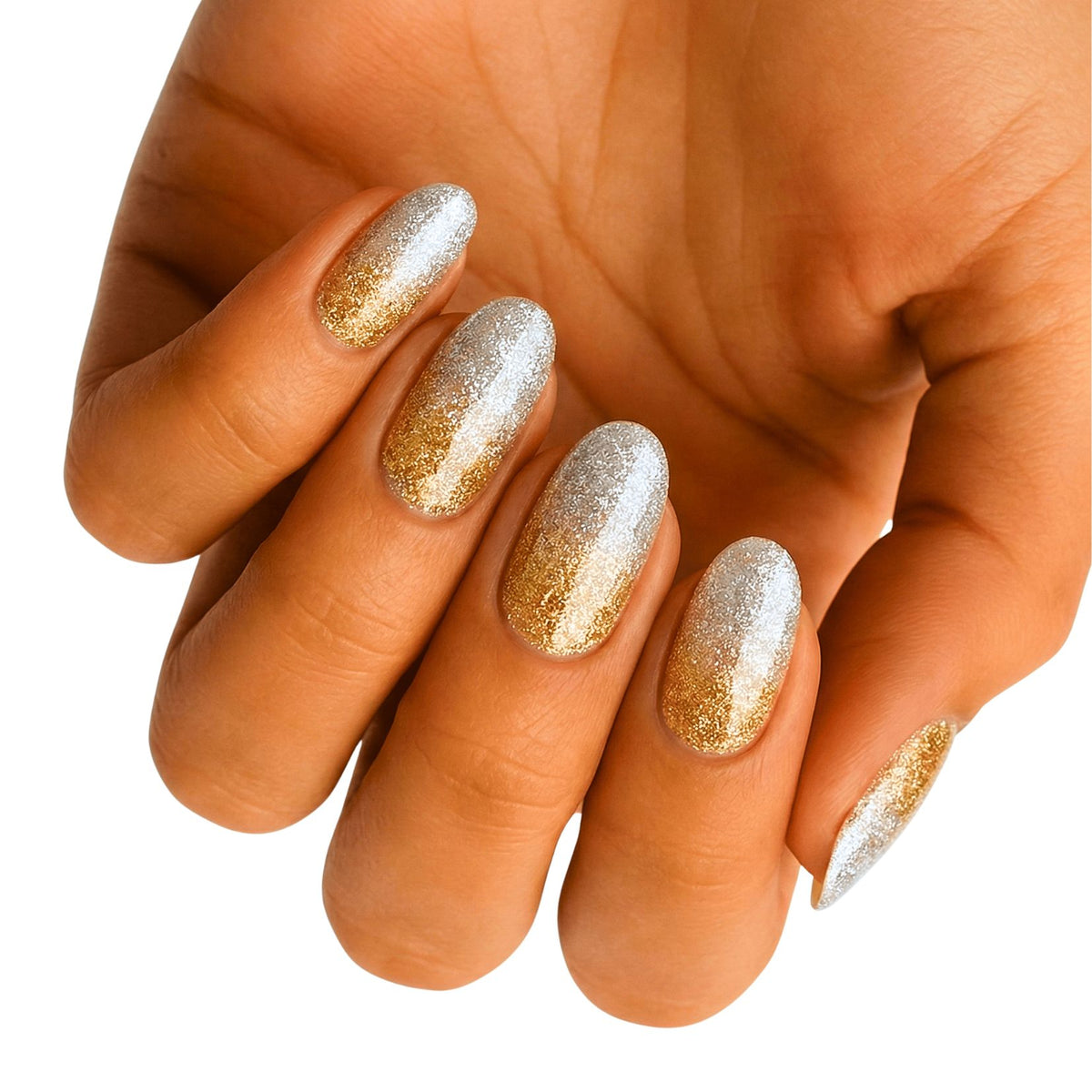Holy Classics nail wraps in silver-to-gold glitter ombré, glossy finish, almond shape