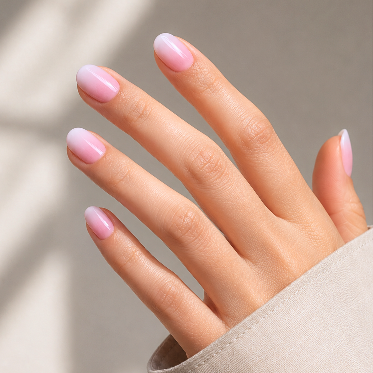 Soft gel press-ons with glazed pink-to-white ombré finish, extra short round shape.