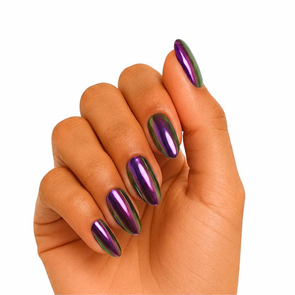 Semi-cured gel nail wraps in colour-shifting purple-green chrome, glossy finish, almond shape