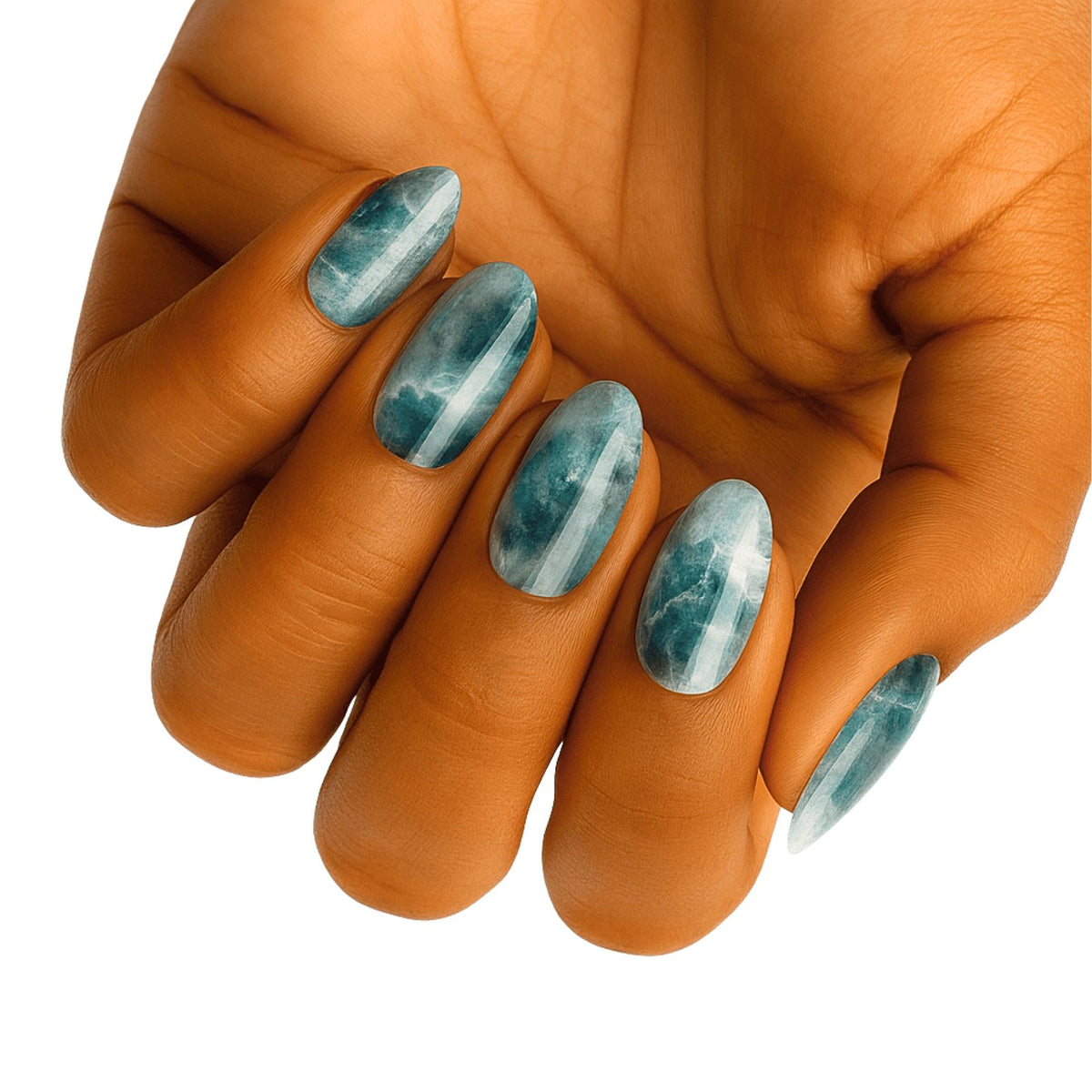 Holy Classics nail wraps in sheer teal and white marbled stone design on oval nails