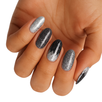 Black and silver glitter ombre nail wraps with jagged tessellated colour-block design