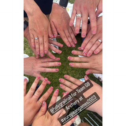 Group of hands with short square nails featuring red, white, blue Union Jack flag nail wraps