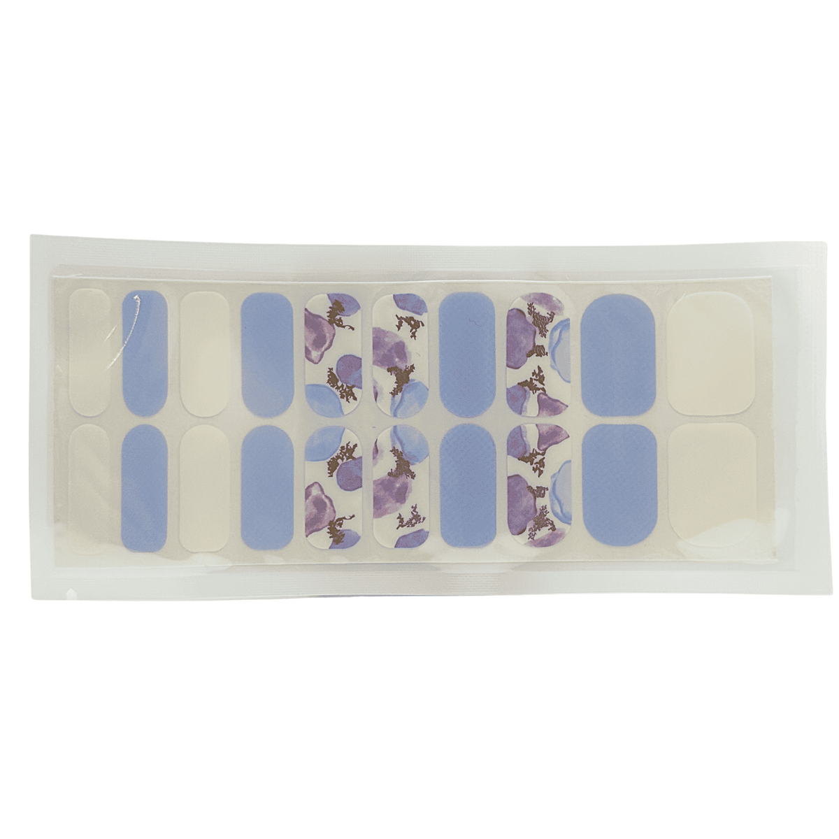 Nail wraps in periwinkle blue with purple watercolour floral accents, sheer base