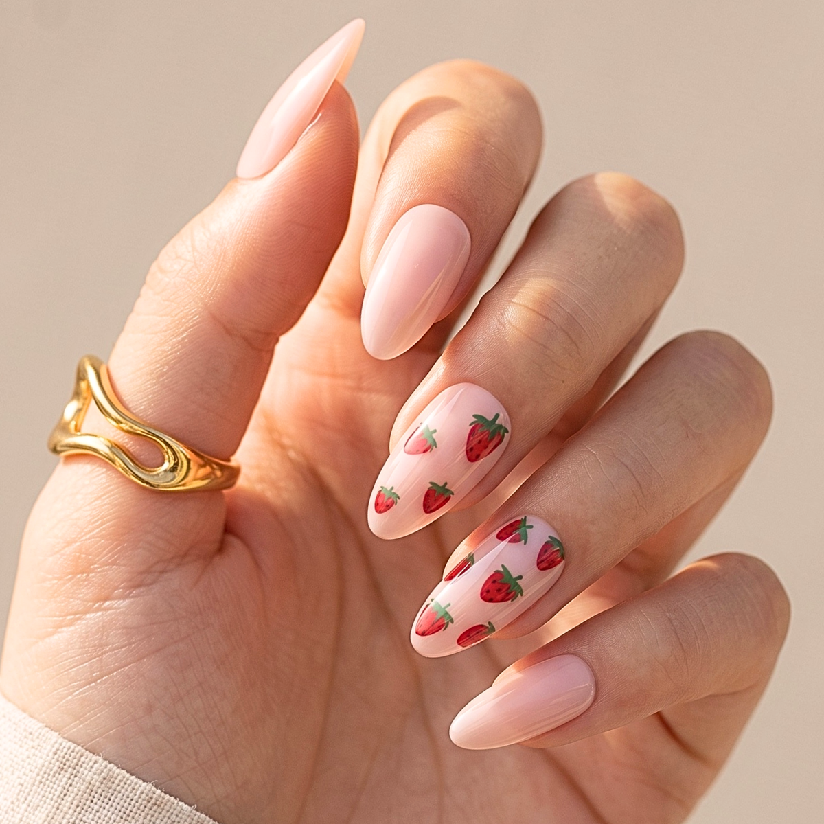 Glossy nude pink press-on nails with red strawberry print accent nails, almond shape