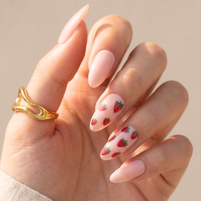 Glossy nude pink press-on nails with red strawberry print accent nails, almond shape