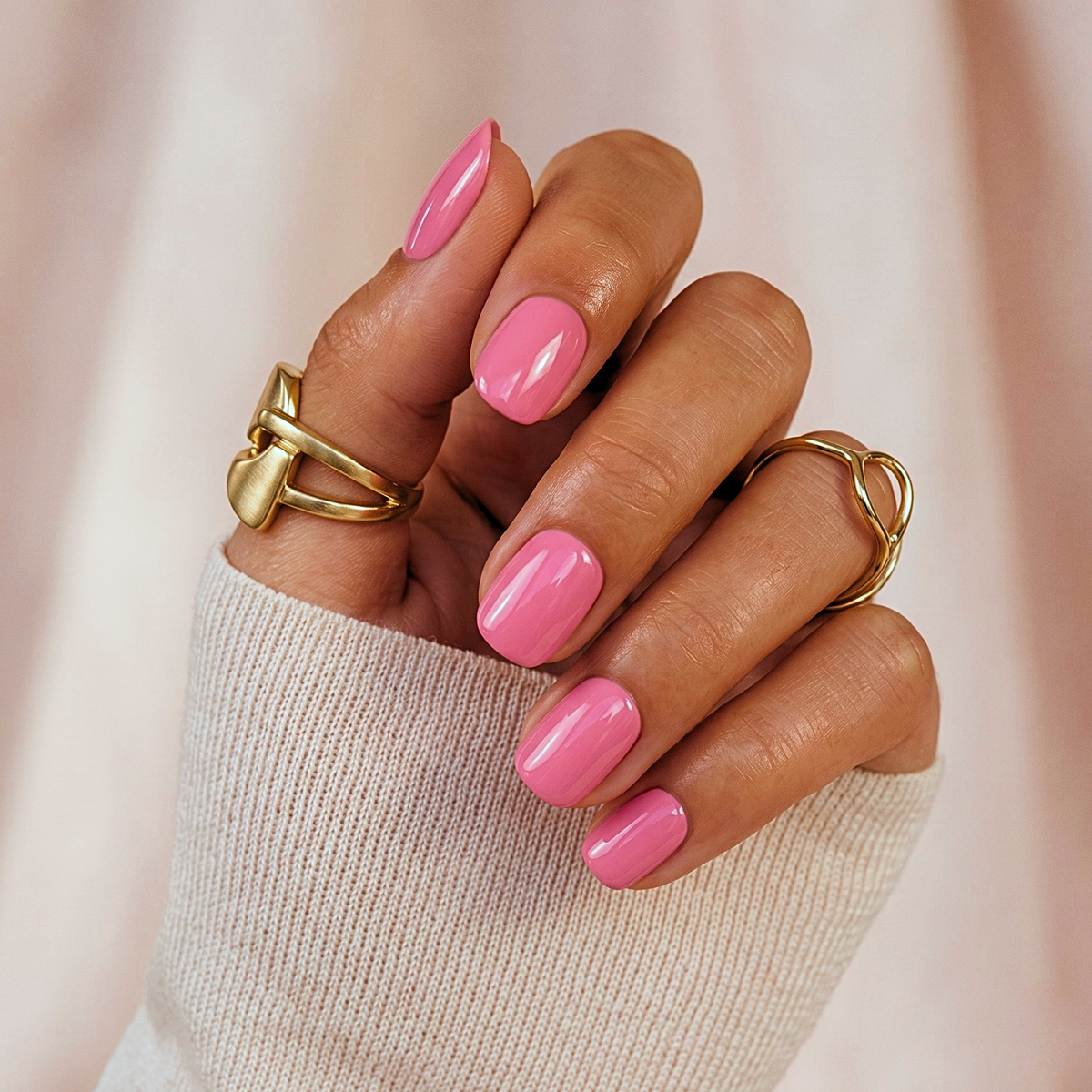 Bubblegum pink glossy soft gel press-on nails, short square shape
