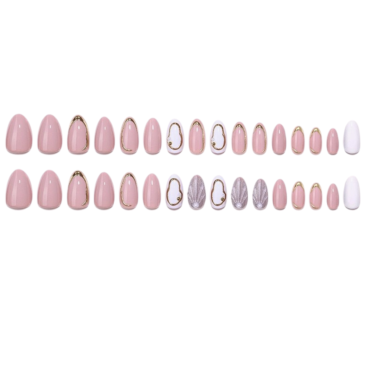 Glossy pink press-on nails with gold outlines, white accents, and shimmer shell details