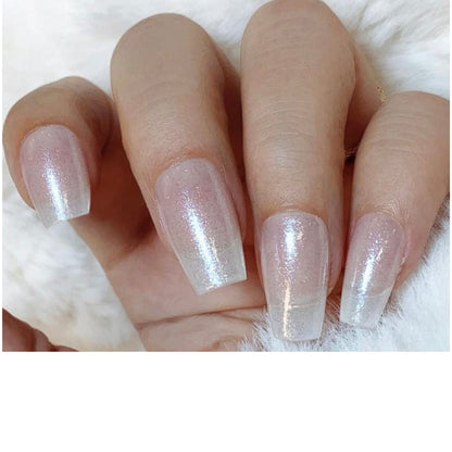 Sheer pearlescent nail wraps with iridescent shimmer on coffin-shaped nails