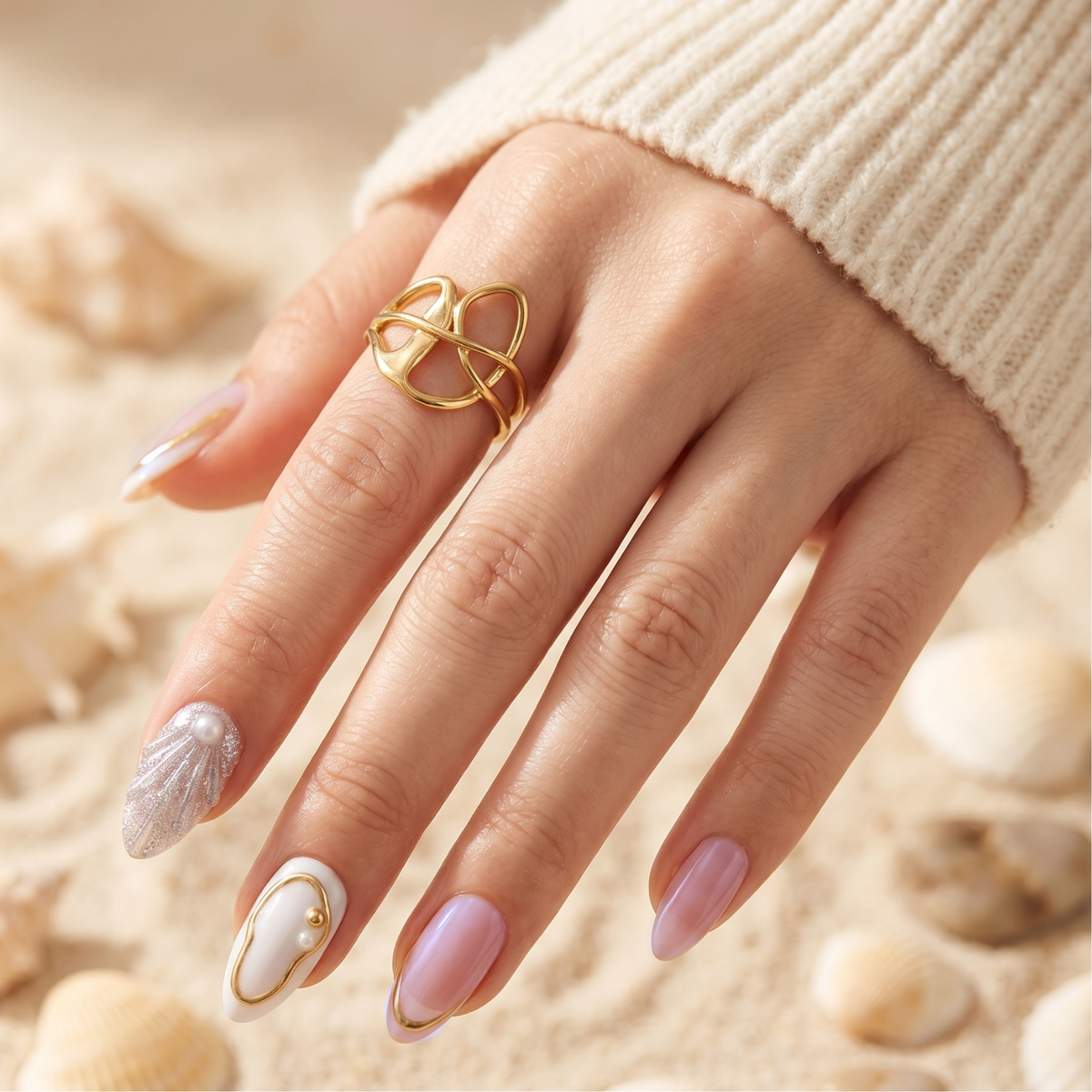 Press-on nails with pearlescent nude tones, glitter shell and pearl accents on almond shape
