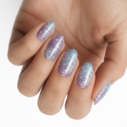 Nail wraps with purple-to-blue ombré mandala lace design on sheer background