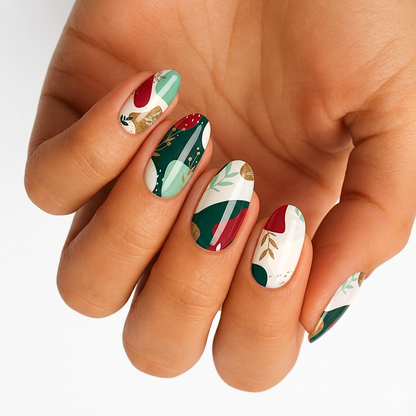 Holy Classics non-UV nail wraps in sage green, deep red and gold with abstract leaf and floral shapes