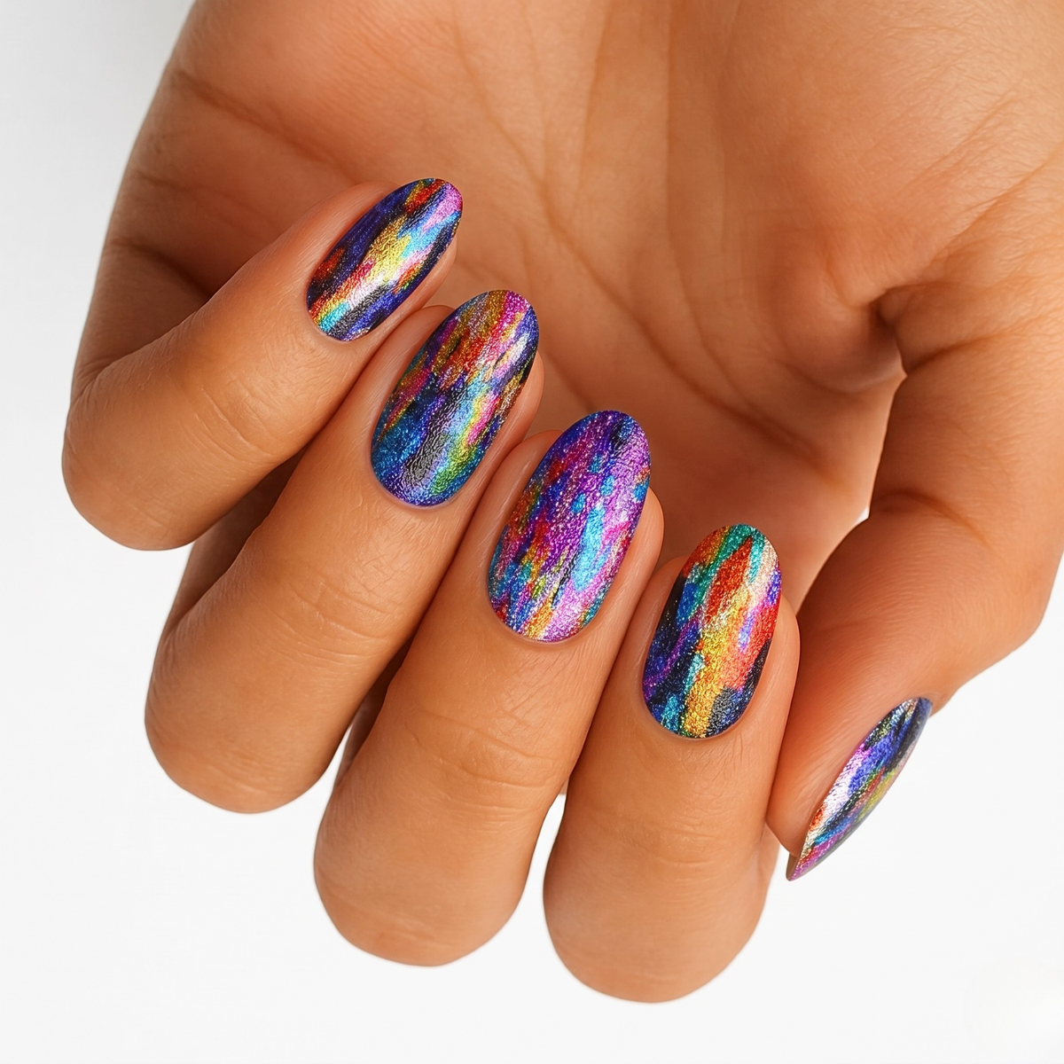 Holy Classics nail wraps in multicolour metallic foil-effect waterfall streak design