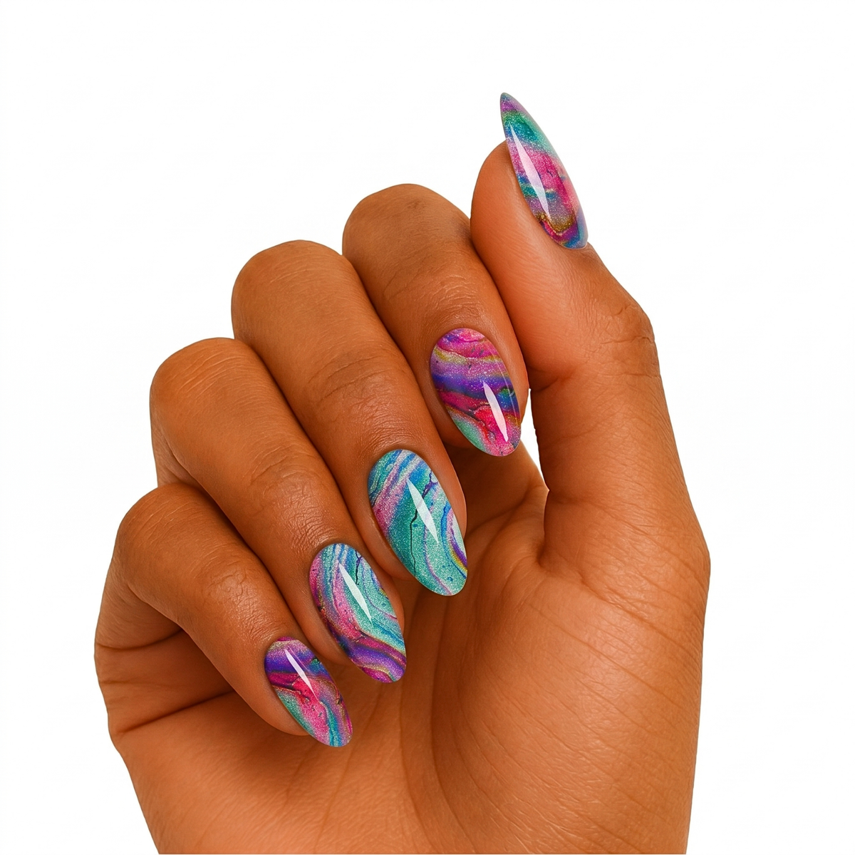 Semi-cured gel nail wrap in glossy multicolour marbled swirls of pink, teal and purple.