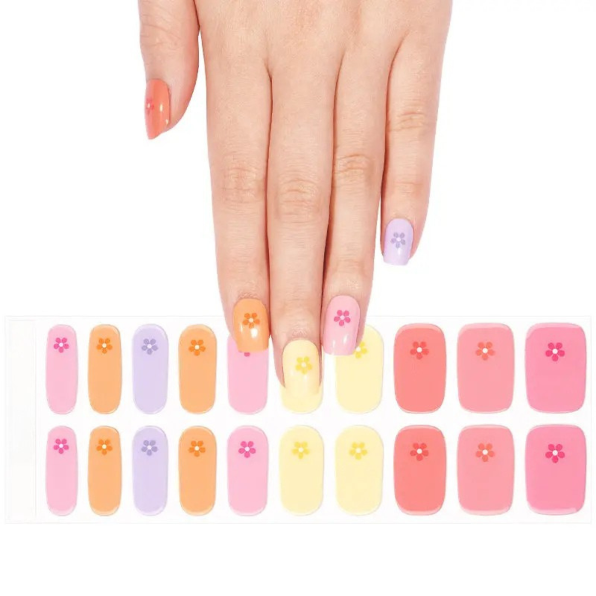 Semi-cured gel nail wraps in mixed pastel colours with small daisy flower accents
