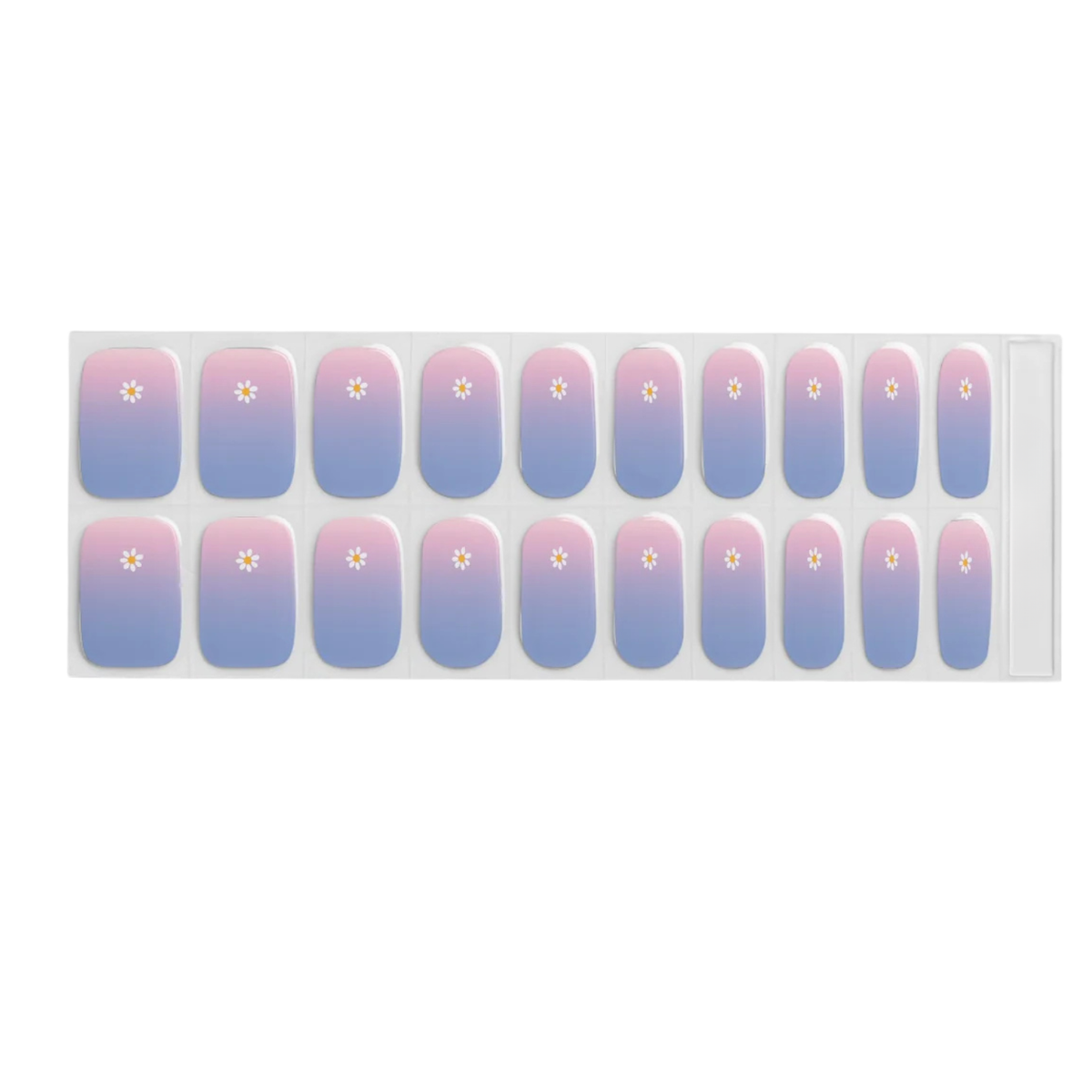 Semi-cured gel nail wraps, pink-to-lavender ombre with white daisy accent on each nail