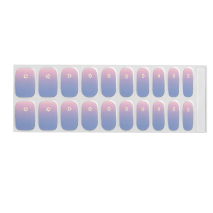 Semi-cured gel nail wraps, pink-to-lavender ombre with white daisy accent on each nail