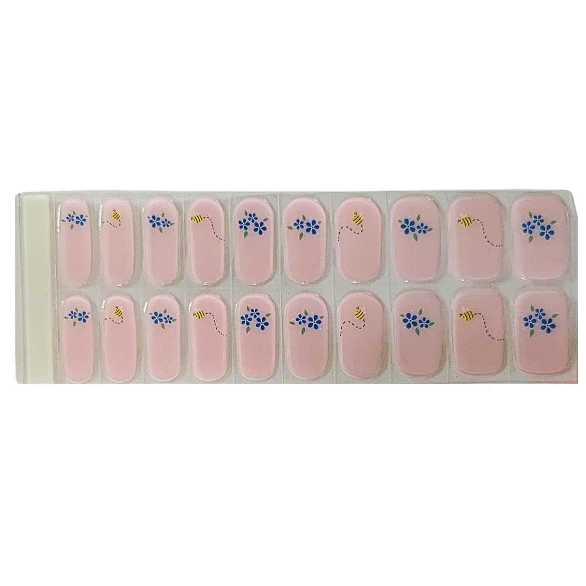 Pink semi-cured gel nail wraps with blue florals and bee accents