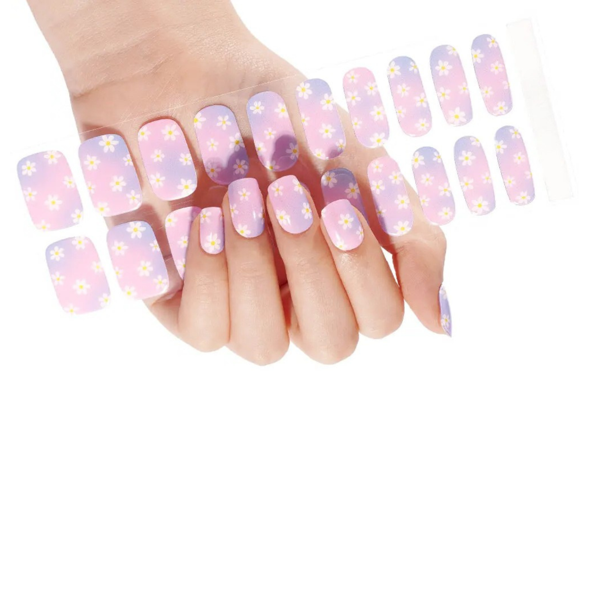 Semi-cured gel nail wraps, pink-purple ombré with white daisy floral print