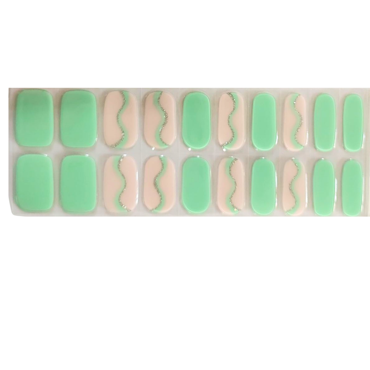 Mint green semi-cured gel nail wraps with wavy nude swirl and glitter accent design