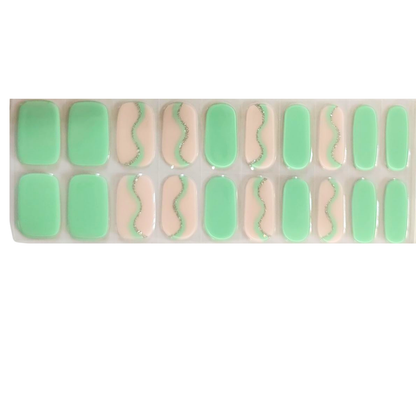 Mint green semi-cured gel nail wraps with wavy nude swirl and glitter accent design