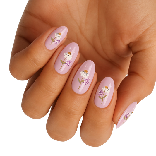 Glossy lilac nail wraps with white daisy and purple wildflower accents
