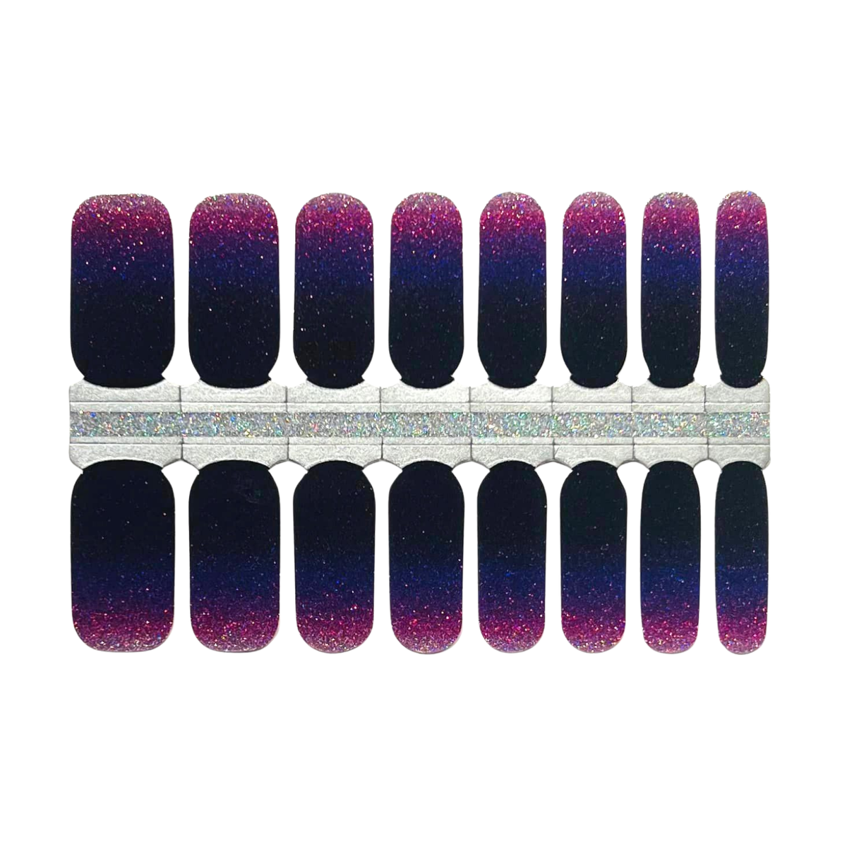 Nail wraps in pink-to-navy glitter ombré with sparkling holographic finish