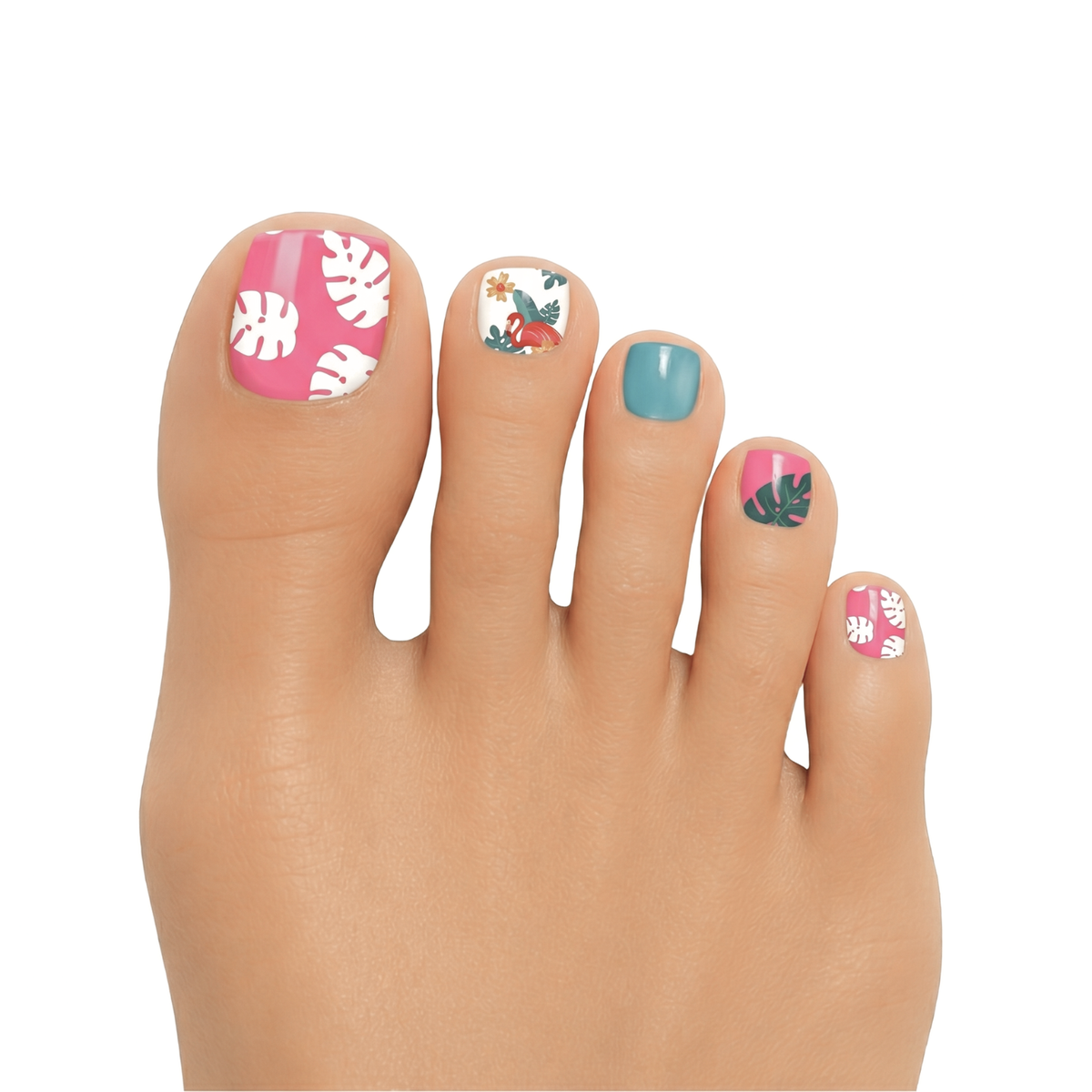 Toe nail wraps with pink and teal tropical palm leaf and parrot design, glossy finish.