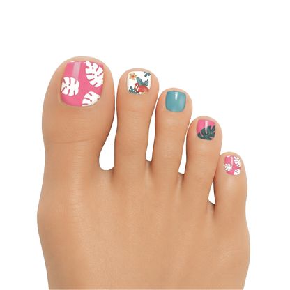 Toe nail wraps with pink and teal tropical palm leaf and parrot design, glossy finish.