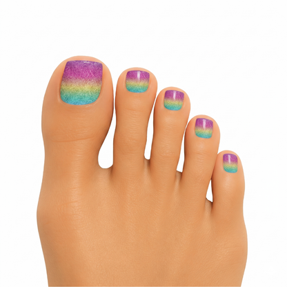 Toe nail wraps with purple, yellow, and blue rainbow ombre glitter finish.