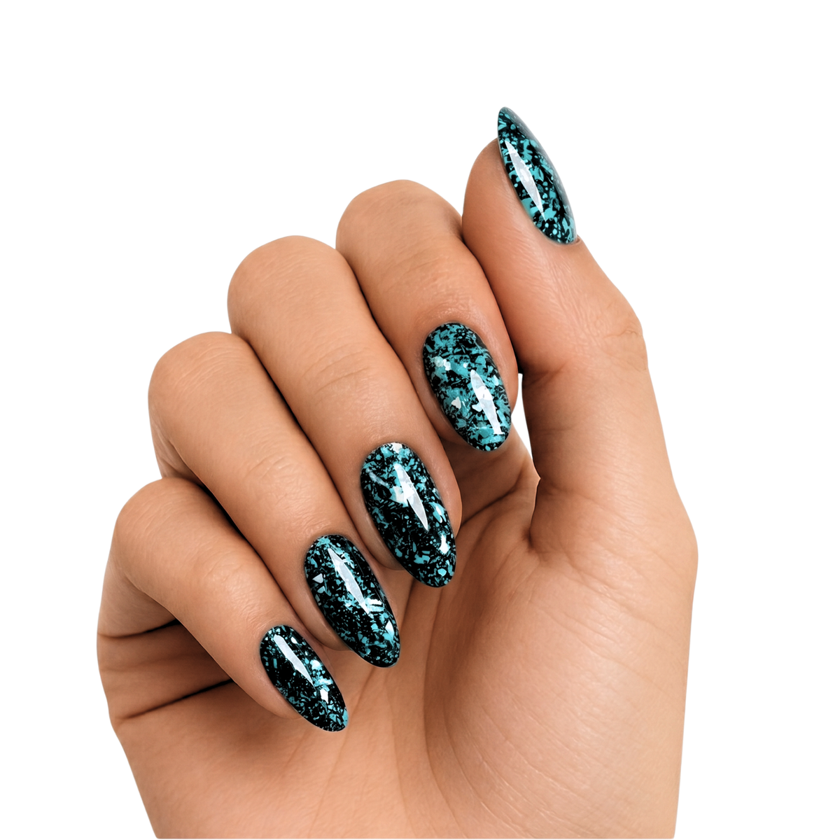 Black semi-cured gel nail wraps with turquoise and silver speckled foil pattern