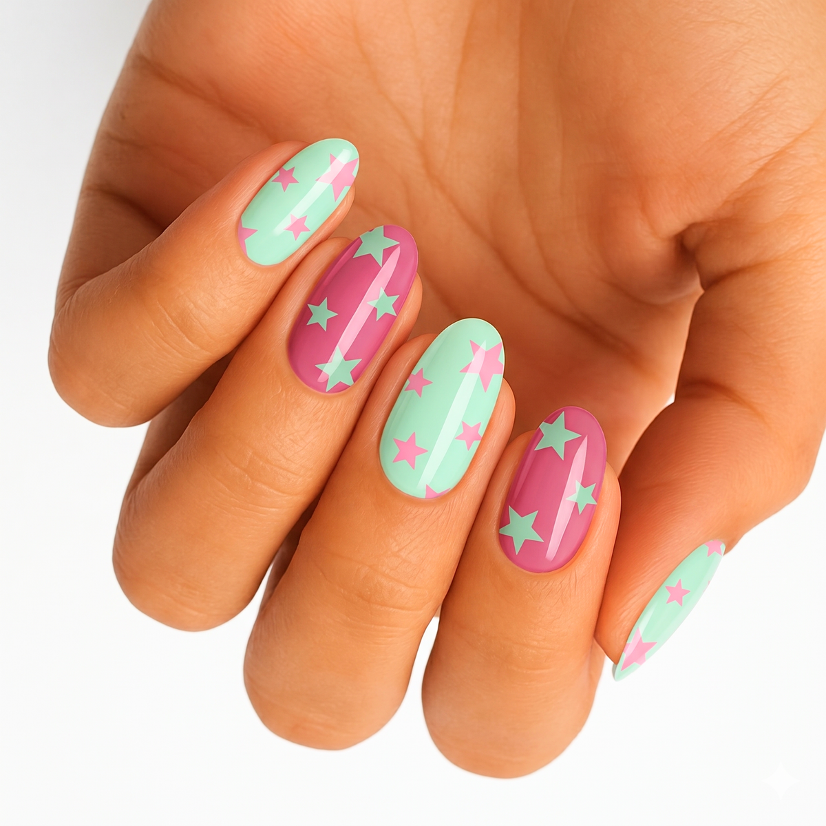 Glossy mint green and pink nail wraps with contrasting star pattern design