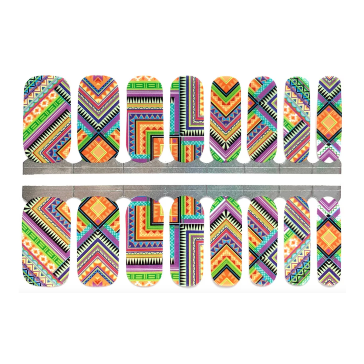 Nail wraps with multicolour tribal geometric print in orange, purple, green, and turquoise.
