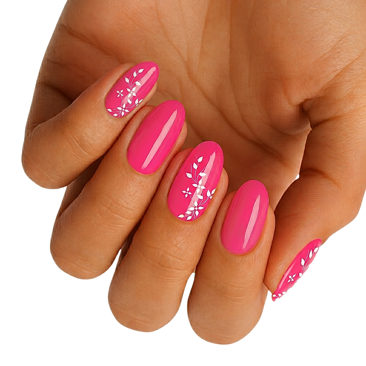 Cerise Petals Holy Classics nail wraps, glossy hot pink with white floral vine accents