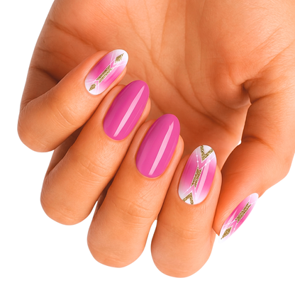 Glossy pink nail wraps with gold glitter lightning bolt accent design on white base