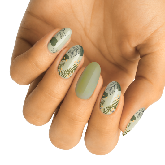 Sage green nail wraps with botanical leaf and fern print, solid olive accent nail