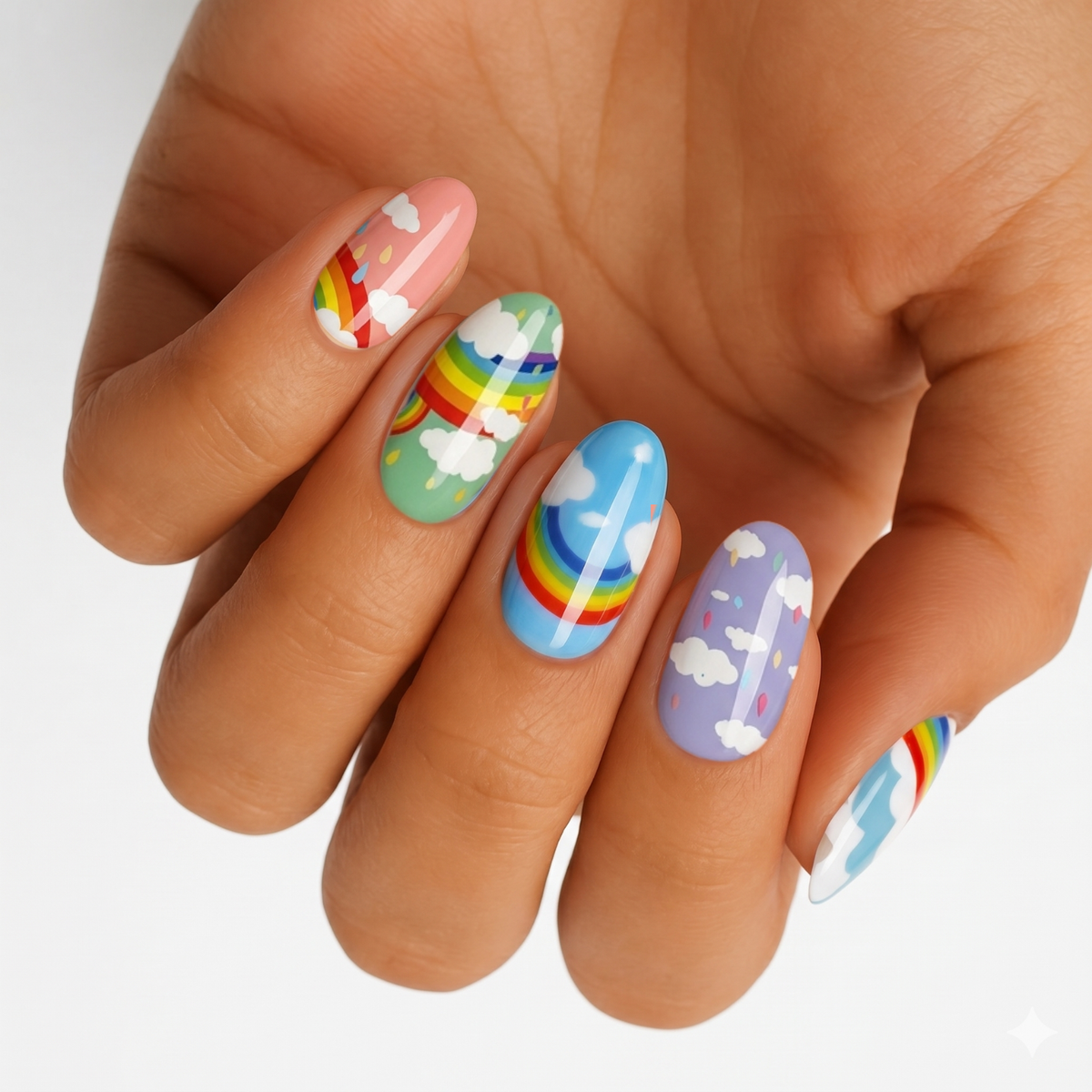 Holy Classics non-UV nail wraps in pastel pink, green, blue, lilac with rainbows and clouds