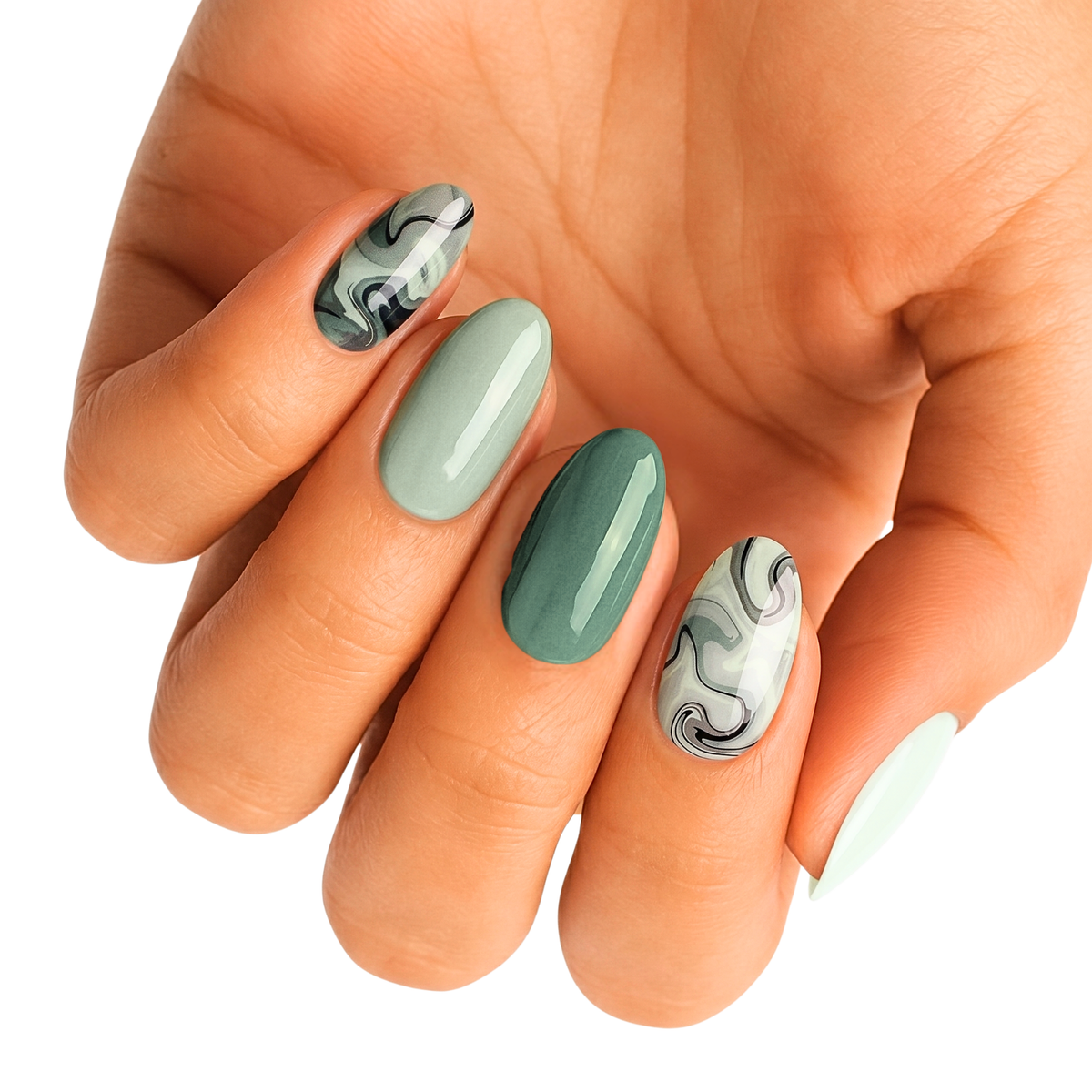 Nail wraps in sage and forest green with grey-black swirl marble accent nails, glossy finish