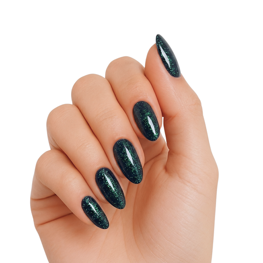 Dark green semi-cured gel nail wraps with glossy cat's-eye holographic shimmer, almond shape