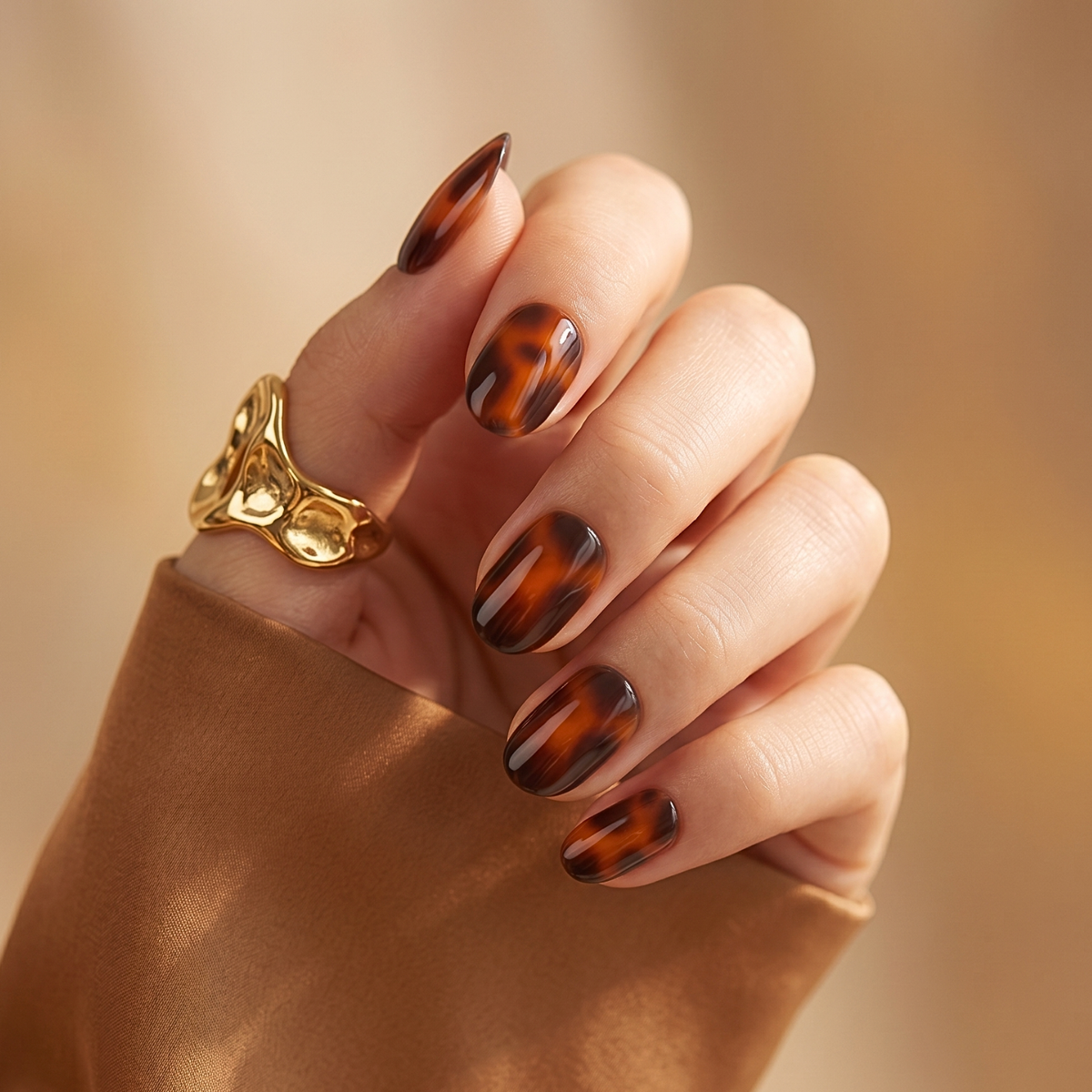 Glossy tortoiseshell press-on nails in amber and brown on almond-shaped tips
