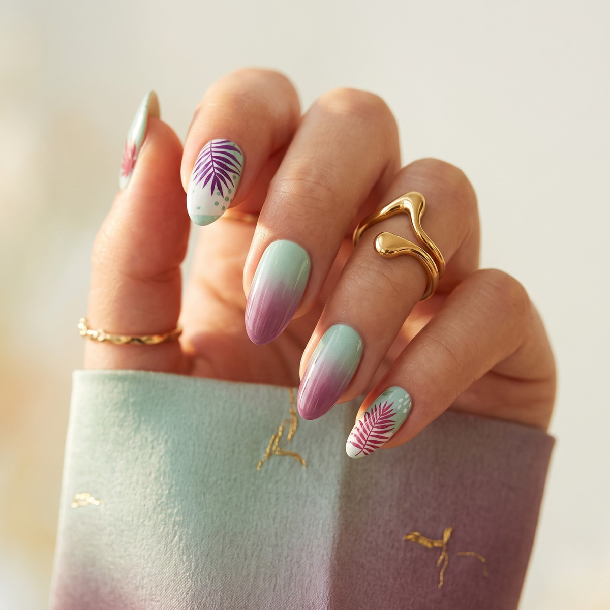 Nail wraps in mint-to-mauve ombré with purple tropical palm leaf accents