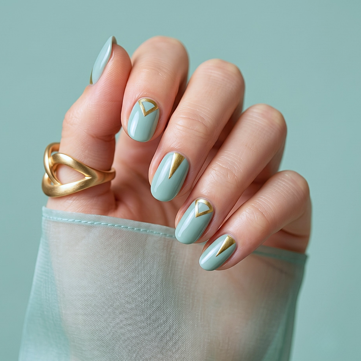 Sage green nail wraps with glossy finish and gold triangle accent at cuticle on almond nails