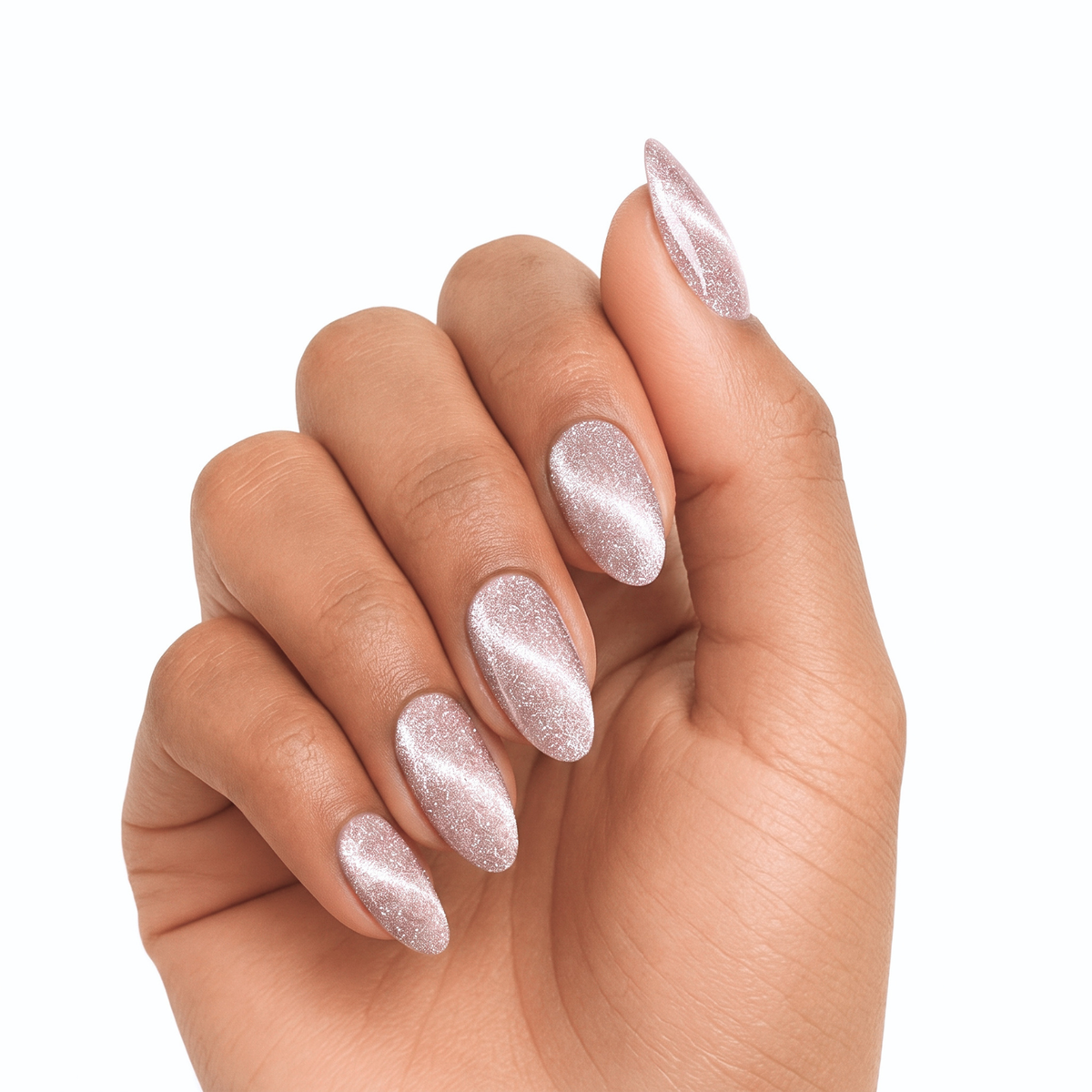 Almond-shaped semi-cured gel wraps in shimmering champagne pink with fine glitter finish
