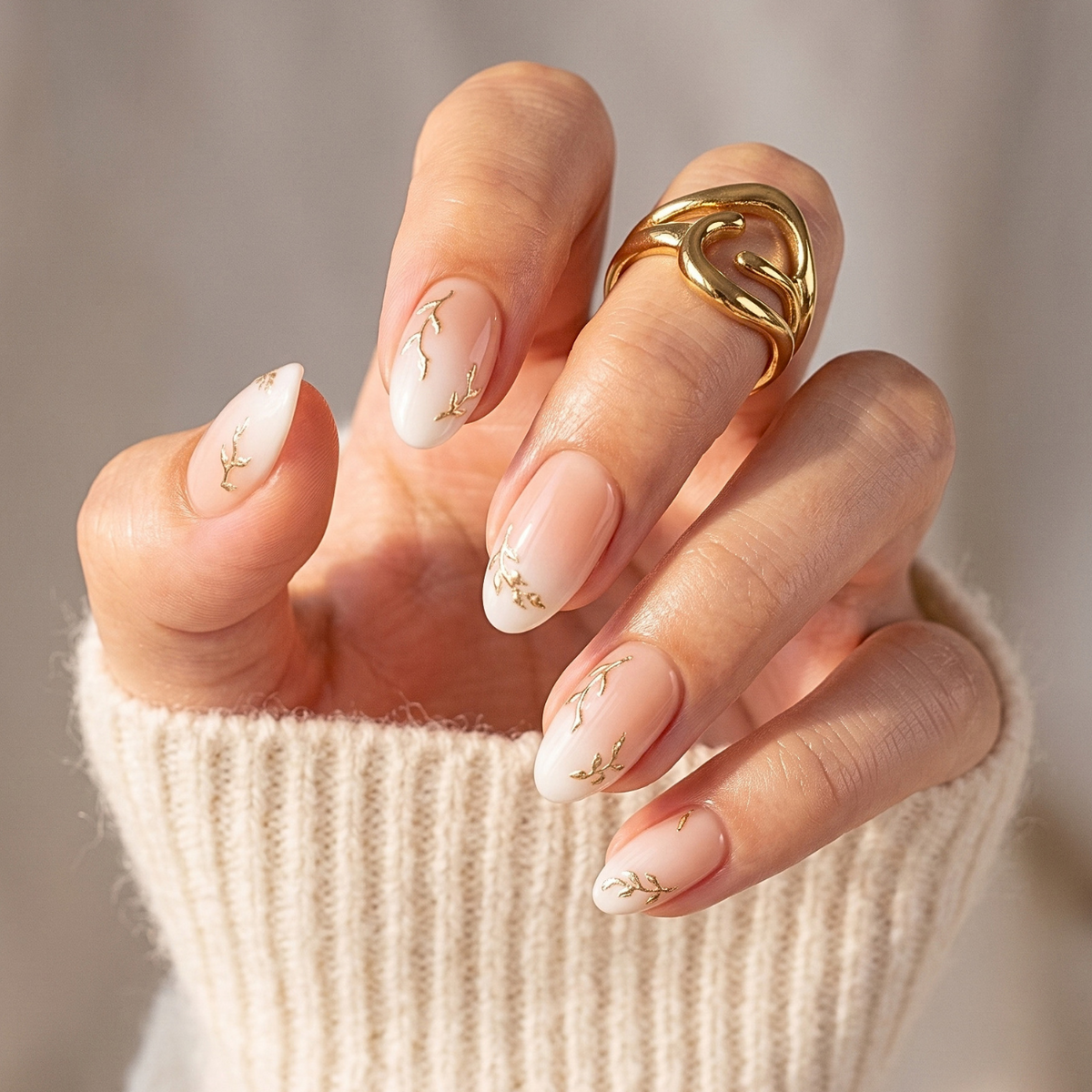 Sheer nude soft gel press-ons with white tips and delicate gold willow branch design