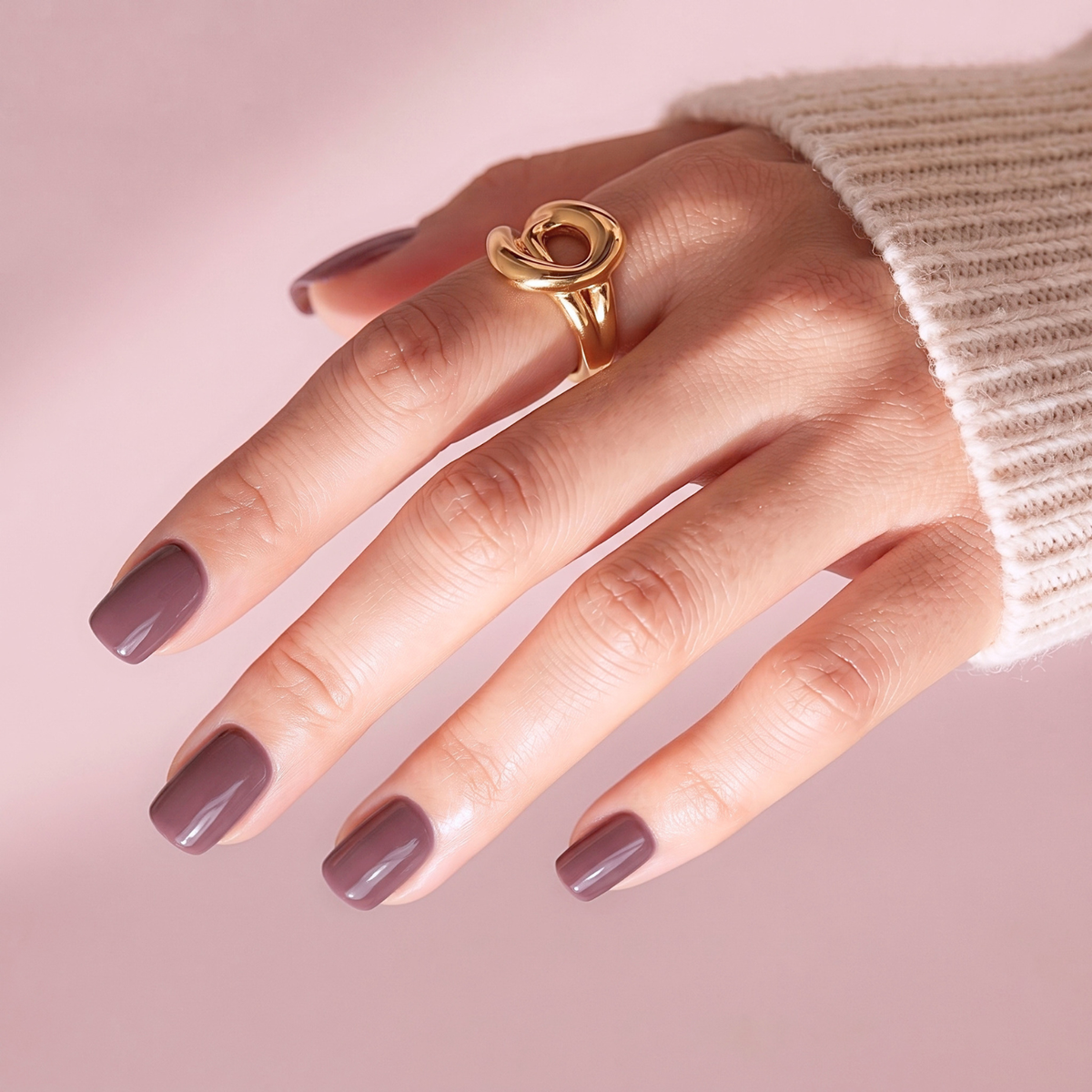 Short square soft gel press-on nails in glossy mauve-brown colour