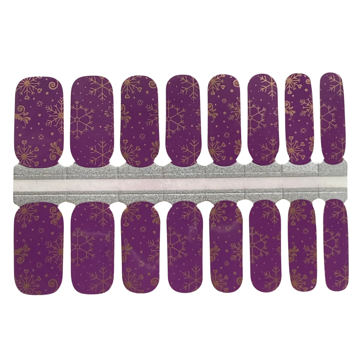 Purple nail wraps with gold glitter snowflake pattern, festive winter design