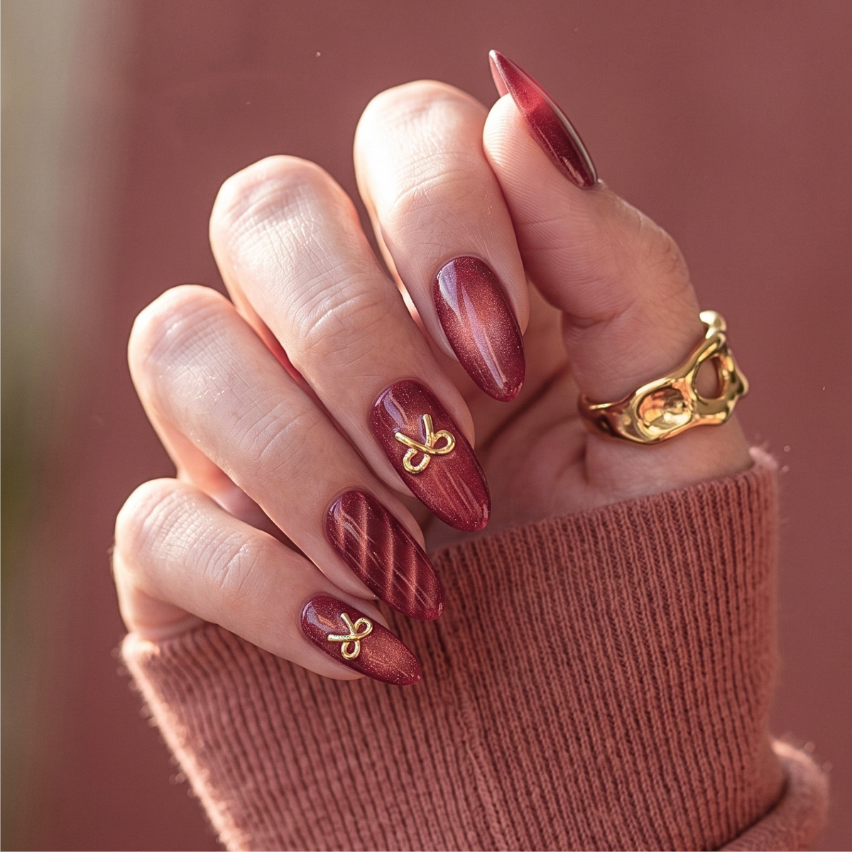 Gift Wrapped soft gel press-on nails, deep red cat-eye shimmer with gold bow charm detail