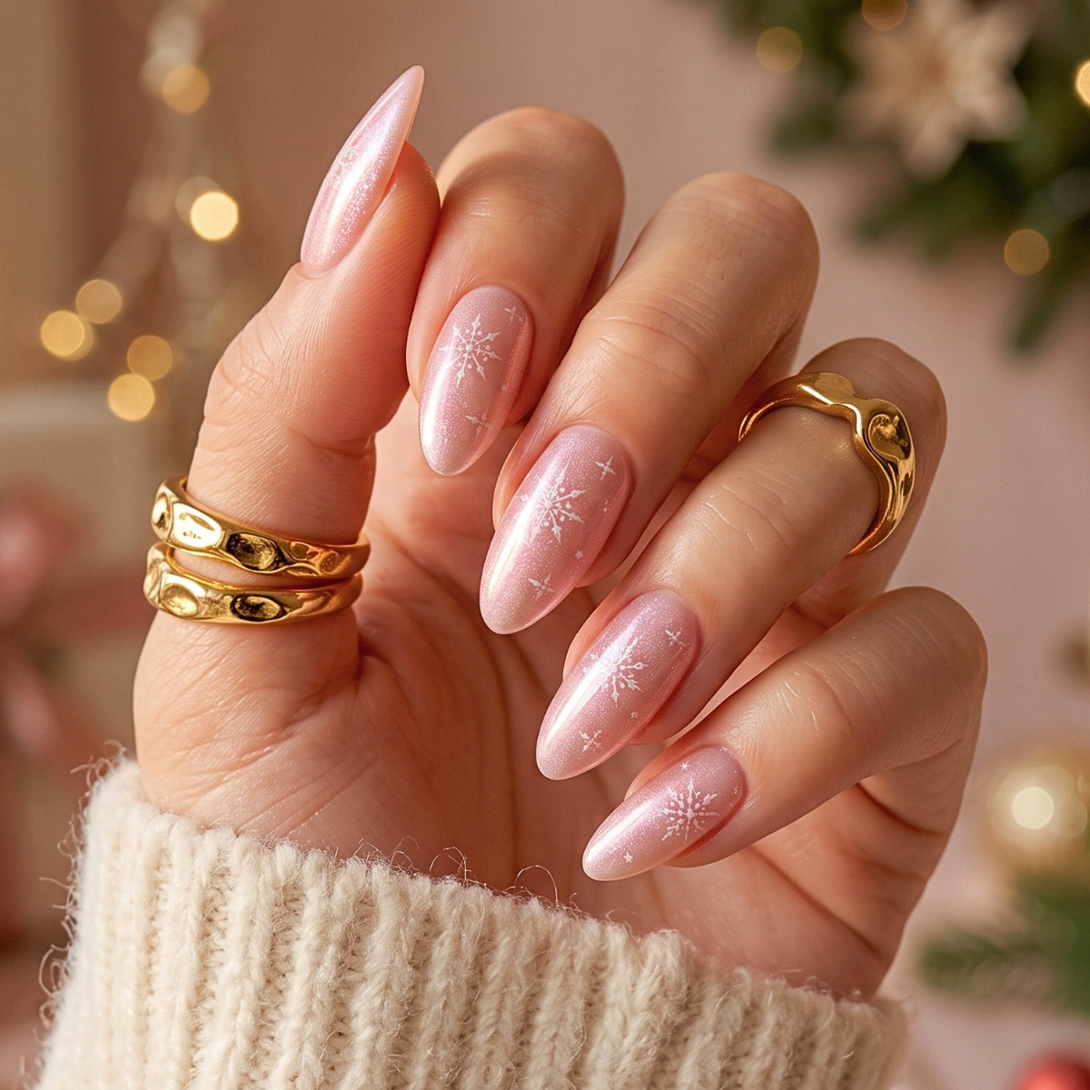 Soft gel press-on nails, sheer pearl pink with shimmer and white snowflake design, almond shape