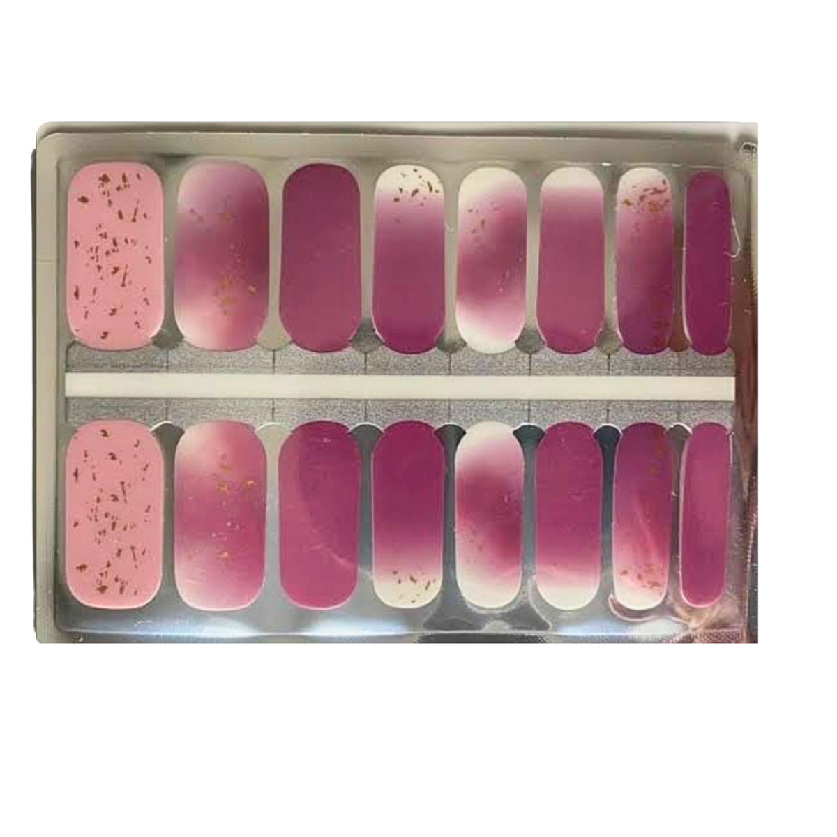 Holy Classics nail wraps in pink and magenta ombré with gold foil flecks