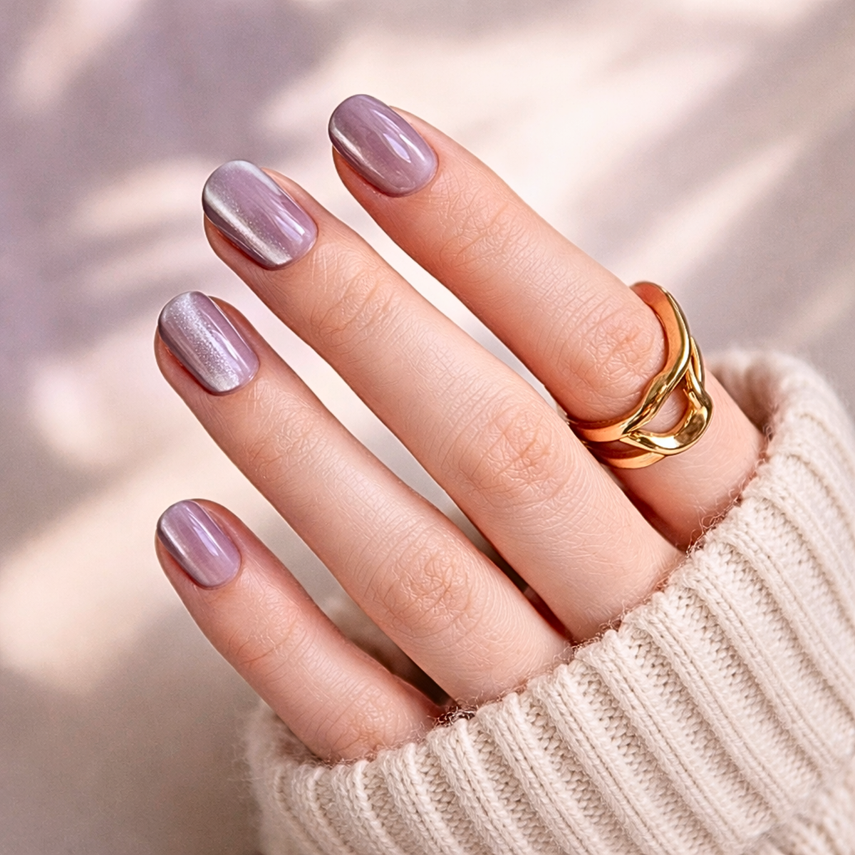 Soft gel press-ons in mauve-grey with shimmering cat's eye metallic finish, short natural shape